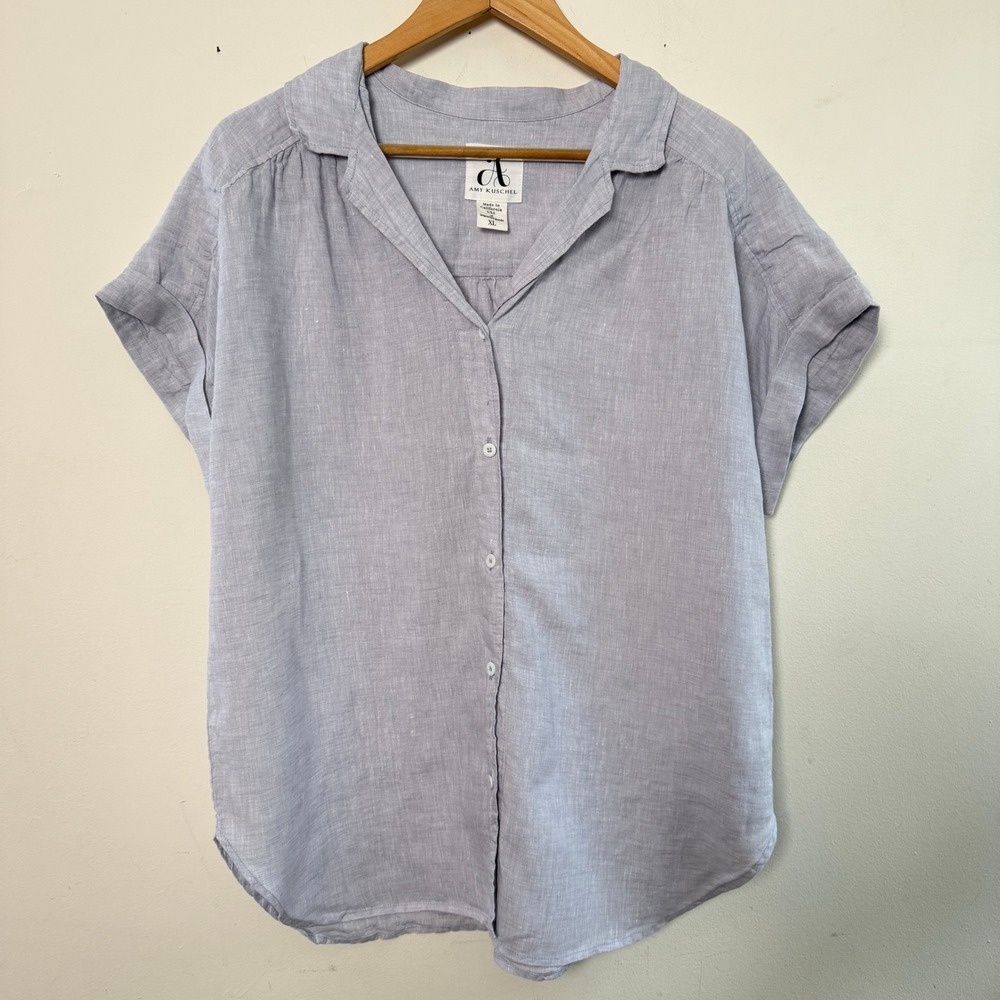 Linen Shirt Short Sleeve Button Down Made in USA Amy Kuschel Light Blue‎ XL